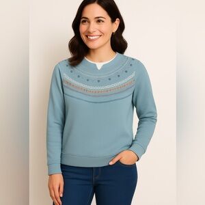 Napa Valley Petite Embroidered Yoke Sweatshirt Blue Mist Long Sleeve Pullover PS